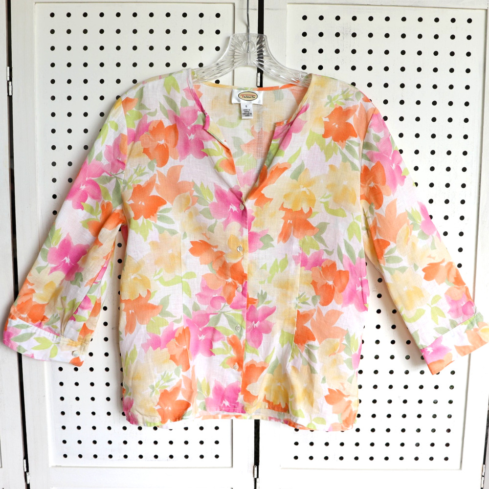 Talbots Womens SIZE 6 Floral Linen 3/4‎ Sleeve Button Up V Neck Top